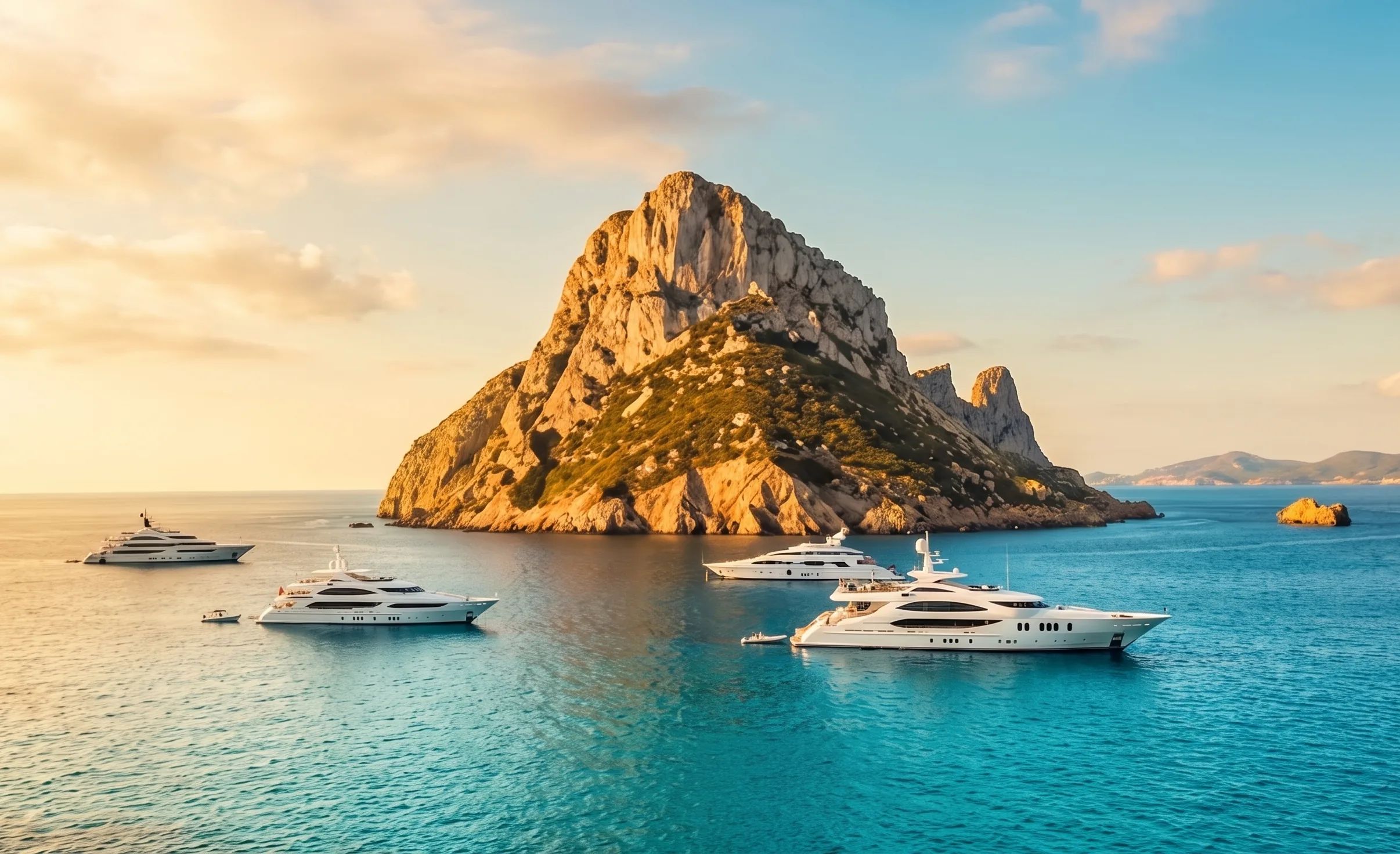 Es Vedra rock at golden hour off the south coast of Ibiza, with a fleet of luxury yachts at anchor on the turquoise sea.
